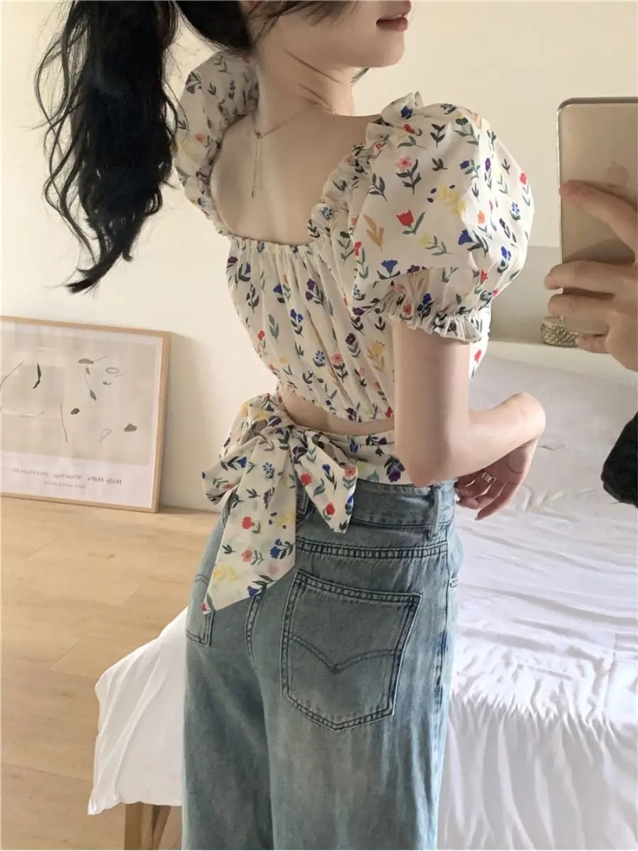 Crop Blouse Linen - 블라우스 여성 꽃무늬 프린트 백리스 레이스업