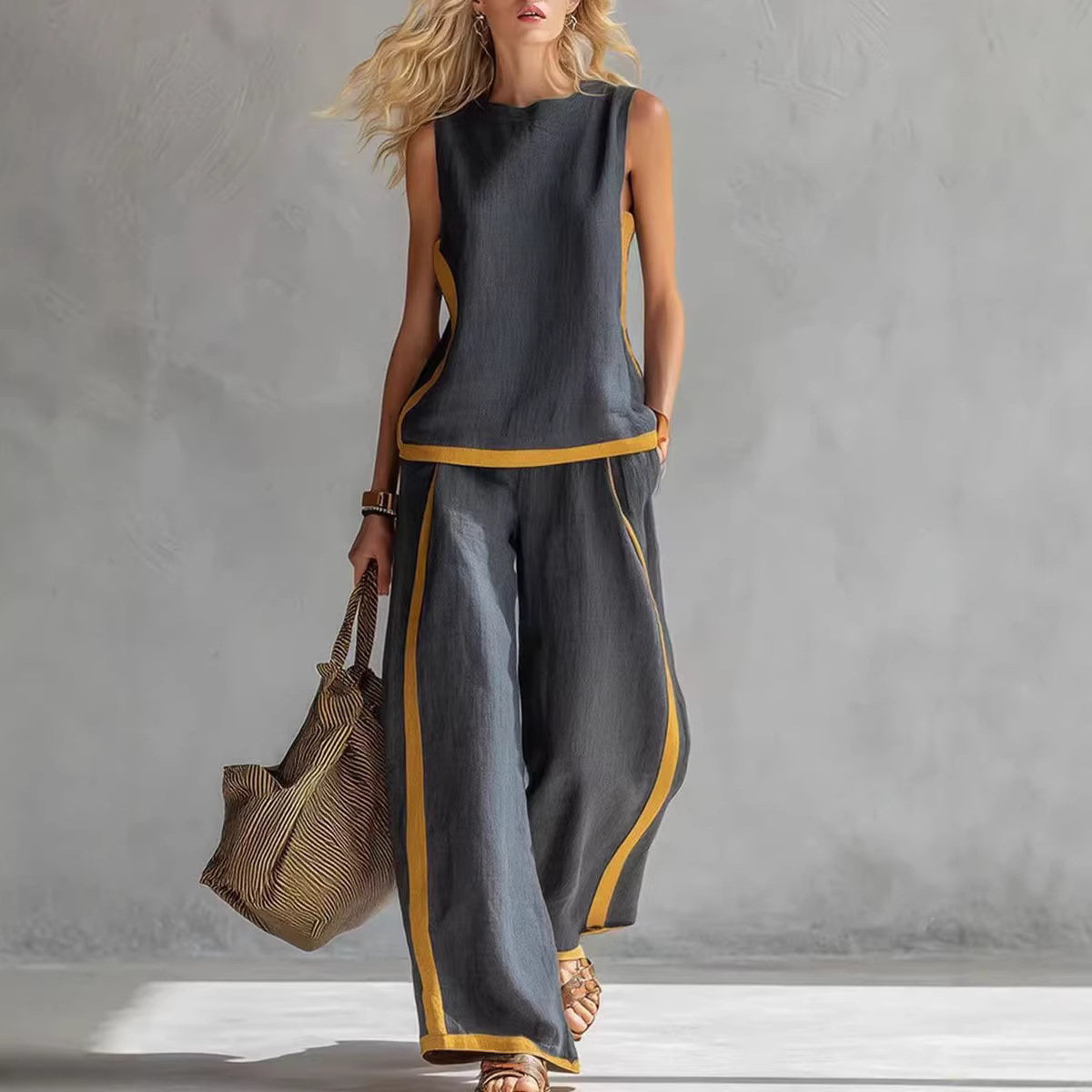 Summer Linen Clothing For Women - 여성 린넨 투피스 세트 컬러 블록