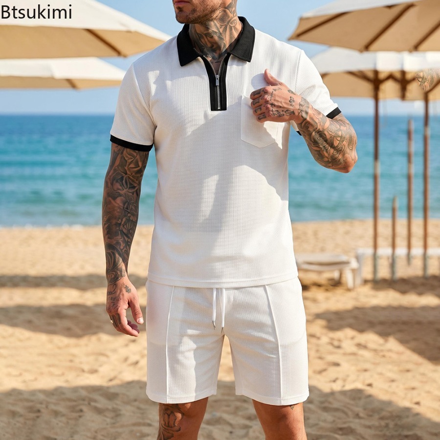 Summer Vacation Clothing Men - 남성 와플 칼라 폴로 반팔 반바지