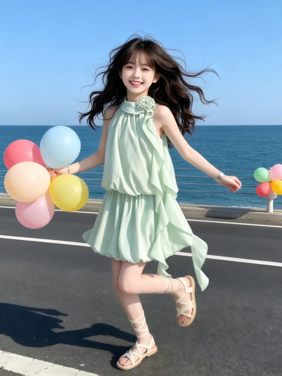 Summer Clothing Girl - 민트 그린 꽃무늬 넥 행잉 새시