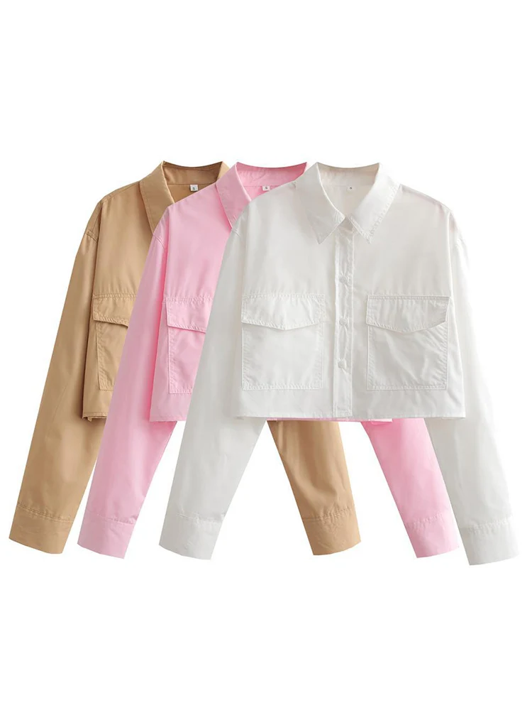 Crop Blouse Linen - 여성 패션 주머니가있는 느슨한 자른 포플린