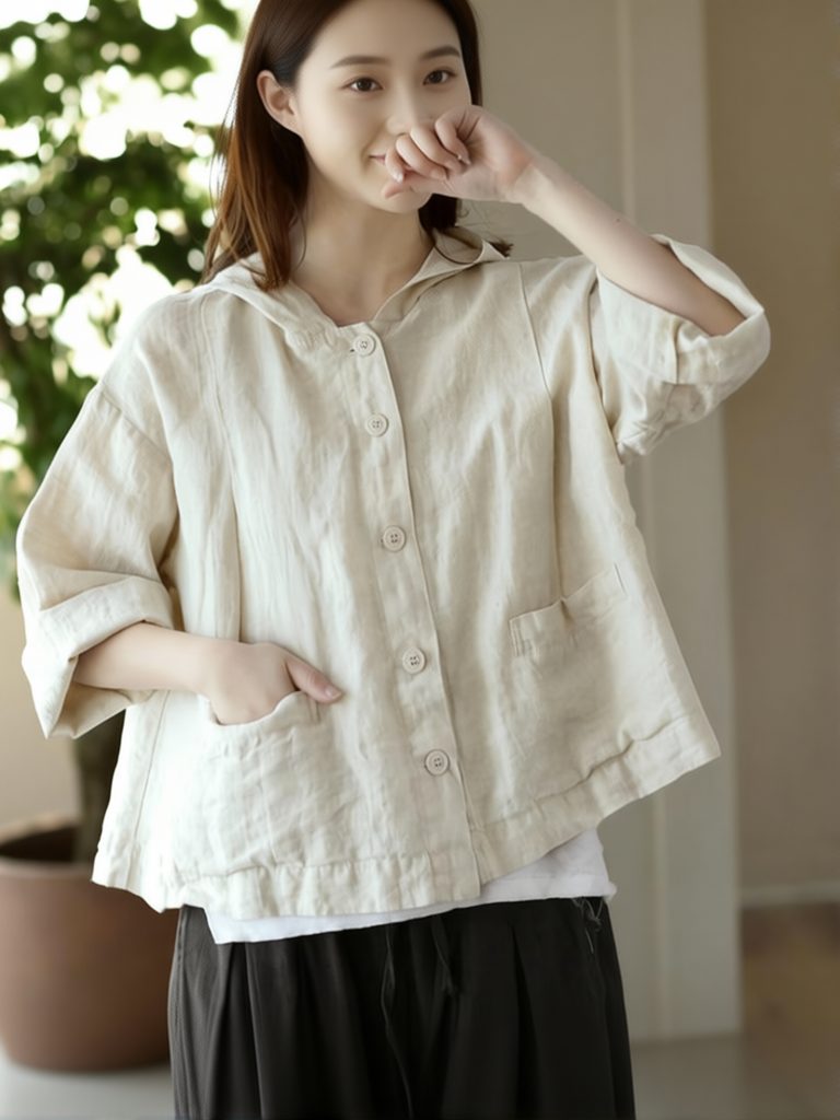 Crop Blouse Linen - 빈티지 코튼 린넨 후드 크롭 셔츠