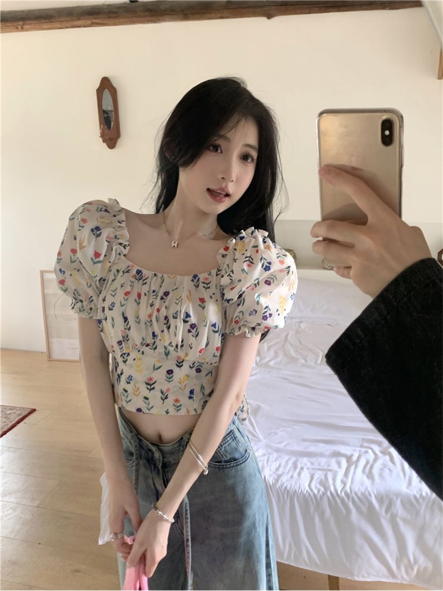 블라우스 여성 꽃무늬 프린트 백리스 레이스업 퍼프 슬리 - Crop Blouse Linen 리뷰 및 가격
