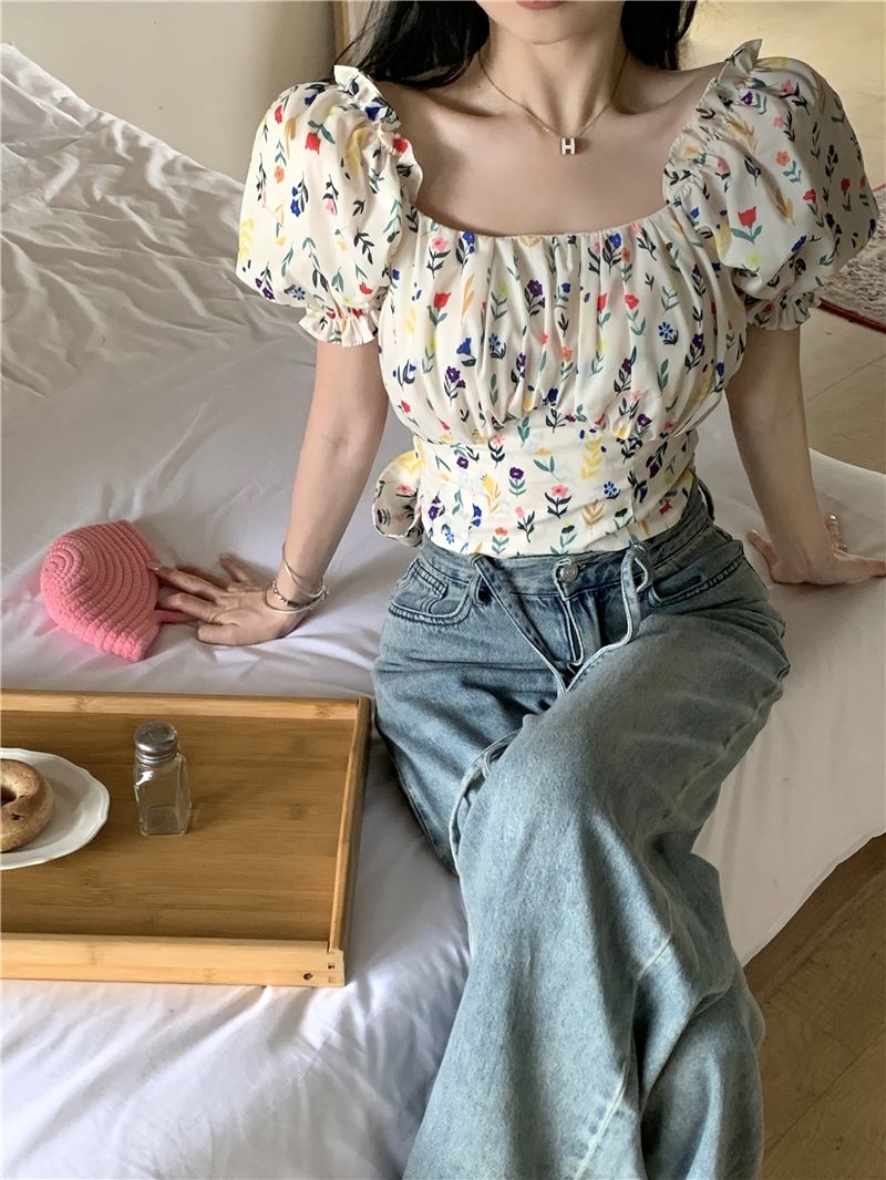 블라우스 여성 꽃무늬 프린트 백리스 레이스업 퍼프 슬리 - Crop Blouse Linen 리뷰 및 가격