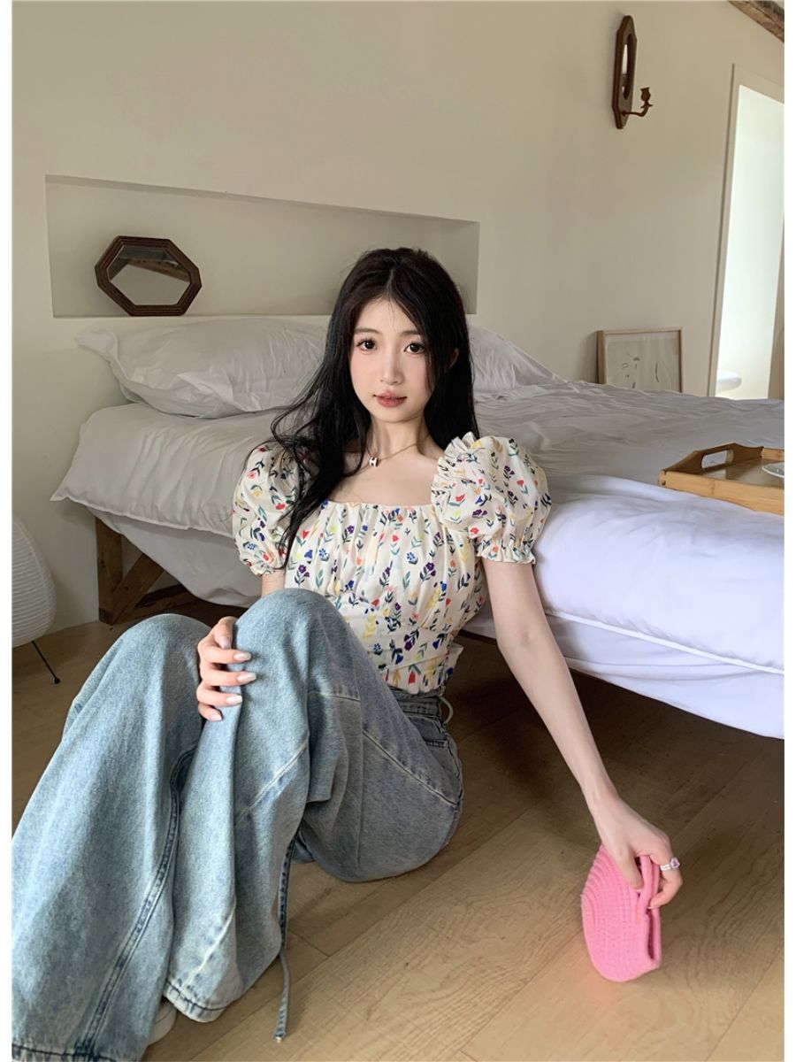 블라우스 여성 꽃무늬 프린트 백리스 레이스업 퍼프 슬리 - Crop Blouse Linen 리뷰 및 가격