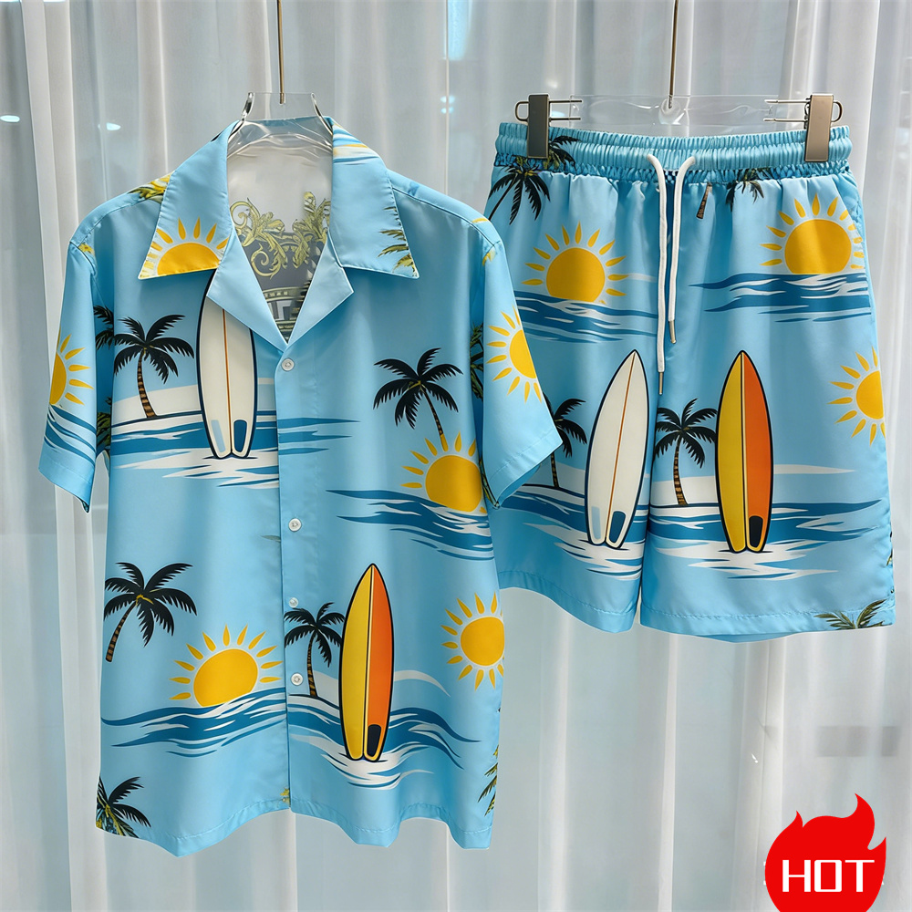여름 남성 셔츠 세트 3D 코코넛 나무 폴리에스터 투피 - Summer Vacation Clothing Men 리뷰 및 가격