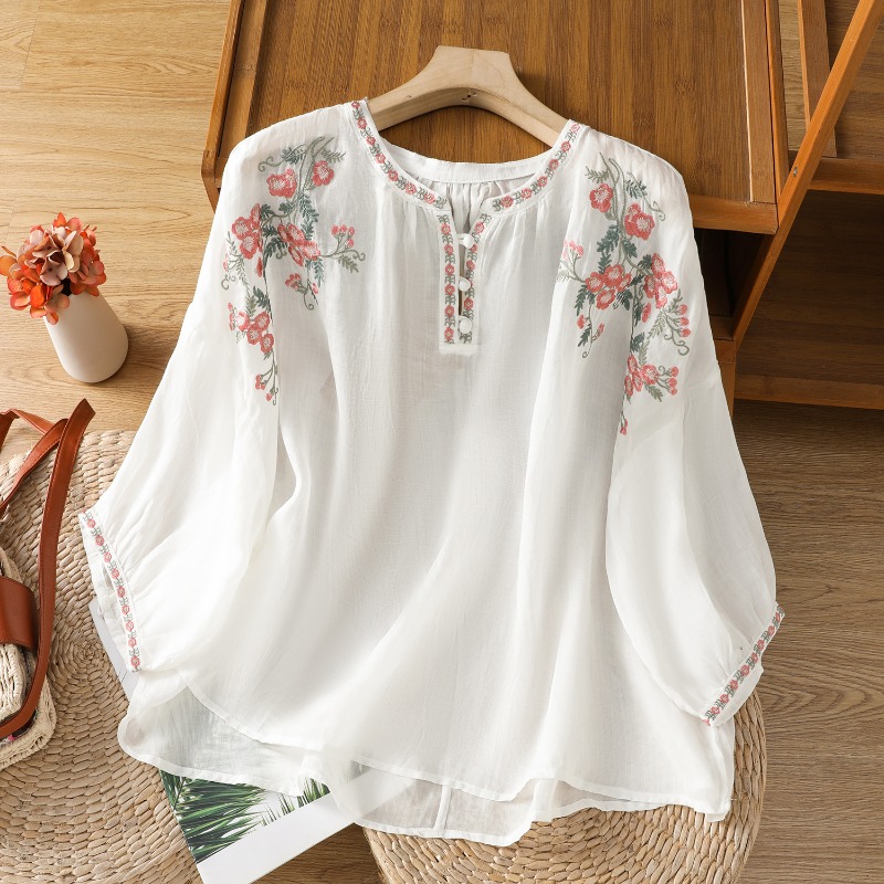 중국 스타일 여성 의류 블라우스 빈티지 수 놓은 셔츠  - Summer Linen Clothing For Women 리뷰 및 가격