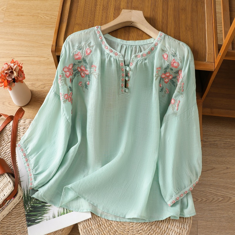 중국 스타일 여성 의류 블라우스 빈티지 수 놓은 셔츠  - Summer Linen Clothing For Women 리뷰 및 가격