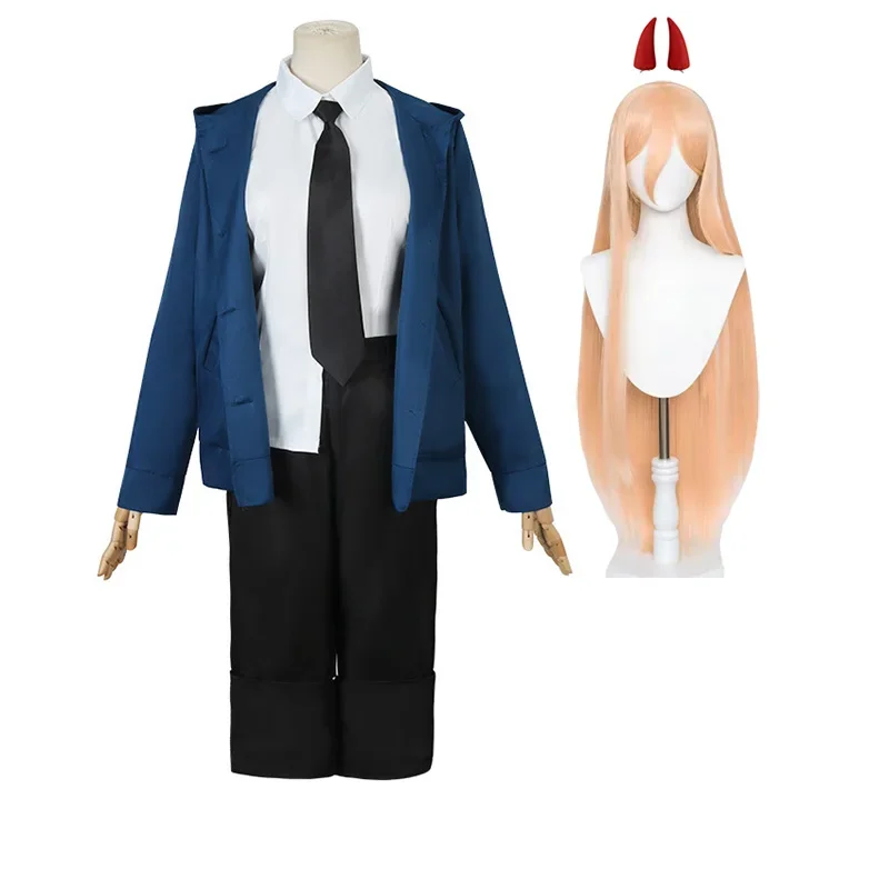파워 코스프레 체인소맨 의상 블루 재킷 가발 뿔 머리핀 - Summer Vacation Clothing Men 리뷰 및 가격