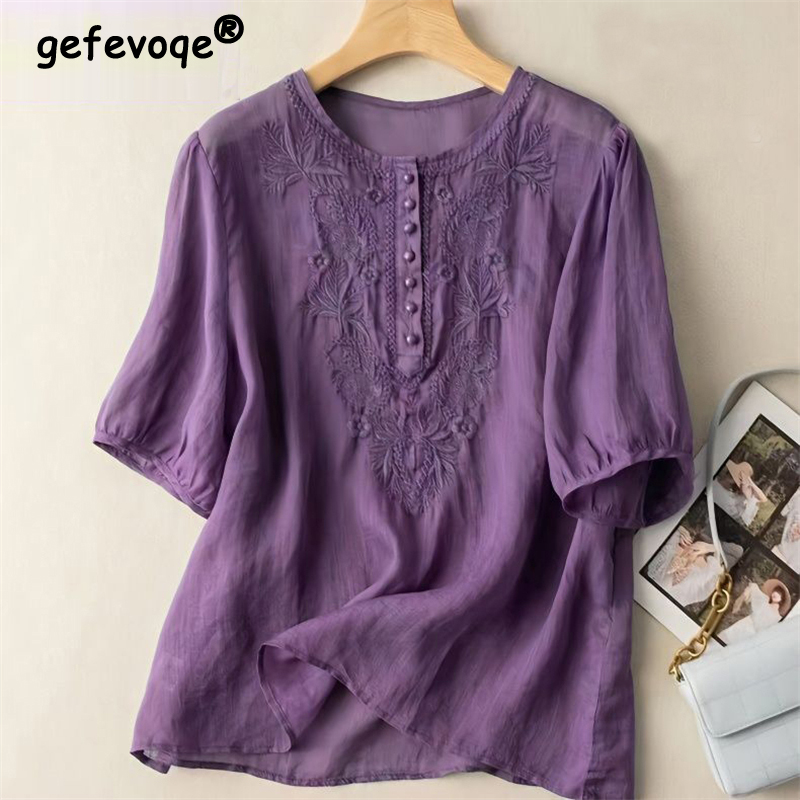 여성용 빈티지 에스닉 스타일 자수 코튼 린넨 블라우스, - Summer Linen Clothing For Women 리뷰 및 가격