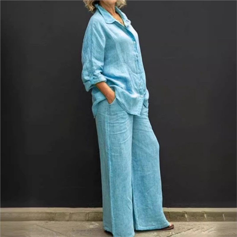 여성용 빈티지 긴팔 버튼 투피스 세트, 캐주얼 상의,  - Summer Linen Clothing For Women 리뷰 및 가격