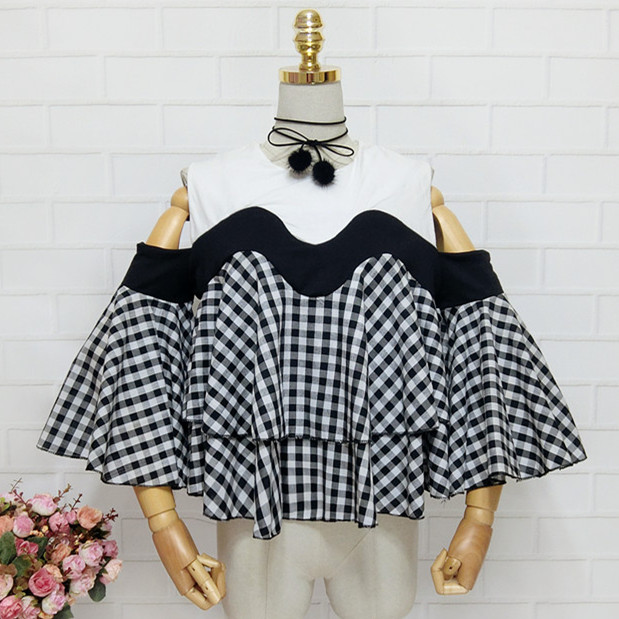 어린 소녀 프릴 블라우스 새로운 블랙 화이트 격자 무늬 - Crop Blouse Linen 리뷰 및 가격
